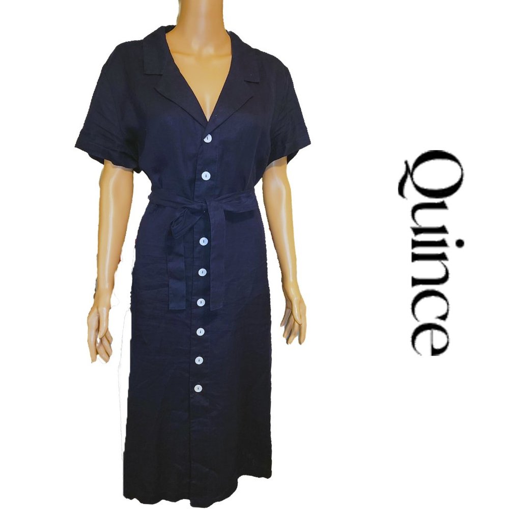 Quince 100% European Linen Button Front Dress NWT Navy XL